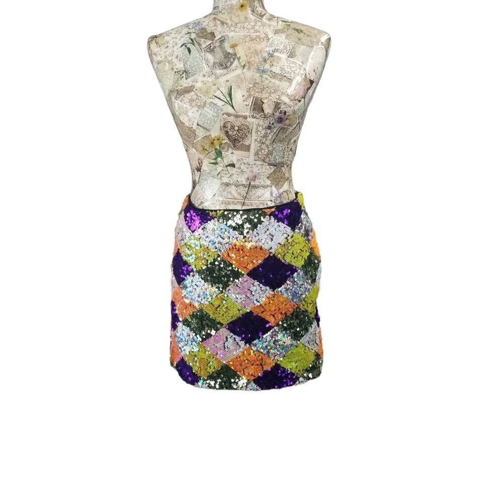 Multi Color Sequin Diamond Pattern Stretch Mini Skirt - Picture 10 of 10